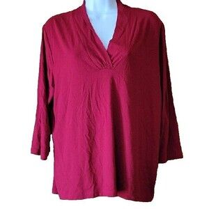 Red Top Knit Shirt 1X Talbots Women Burgundy V Neck 3/4 Sleeve Stretch Casual